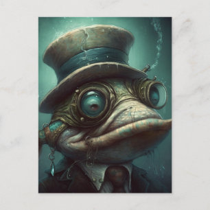 Postal Funny Steampunk Fish en un traje