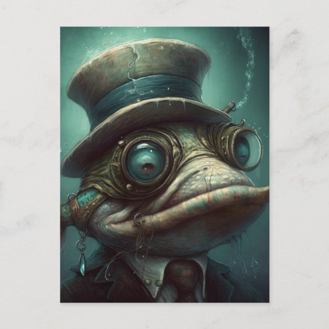 Postal Funny Steampunk Fish en un traje (Anverso)