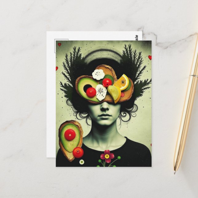 Postal Funny Surreal Avocado Toast woman hearts flowers (Anverso/Reverso In Situ)