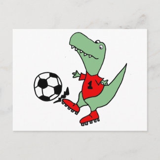 Postal Funny T-rex Dinosaur jugando al fútbol