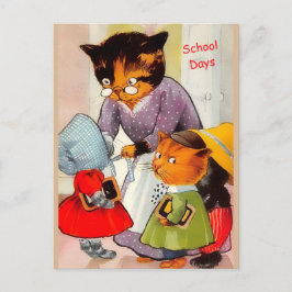 Postal ¡Funny Vintage Kittens se prepara para la escuela!
