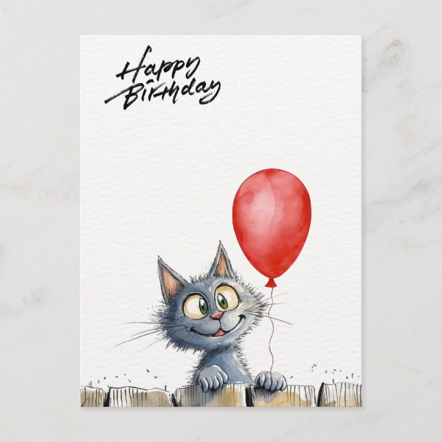 Postal funny watercolor birthday card with cat  (Anverso)