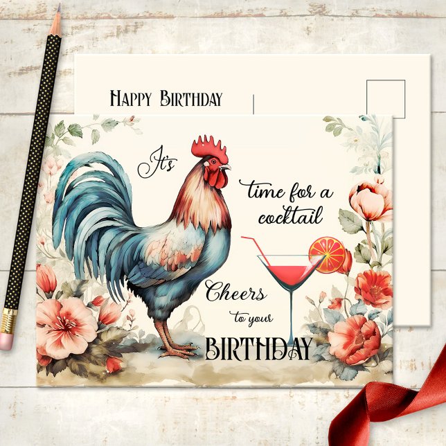Postal Funny Watercolor Rooster Cocktail Cumpleaños (Funny birthday postcard featuring a vintage watercolor rooster with flowers and a cocktail)