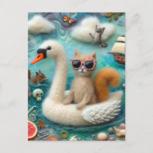Postal Funny Woolie Swan Flota con un gato