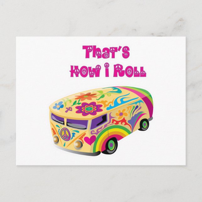 Postal furgoneta hippie retro cómo ruedo (Anverso)