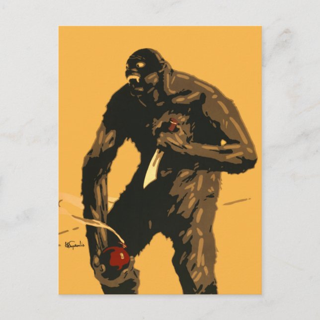 Postal Furioso Pie Grande con cuchillo y bomba! (Anverso)