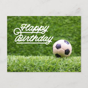 Postal Fútbol Feliz cumpleaños con bola en auto de césped