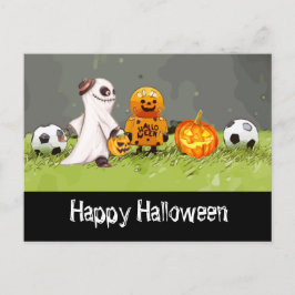 Postal Fútbol Feliz Halloween con bolas sobre hierba verd