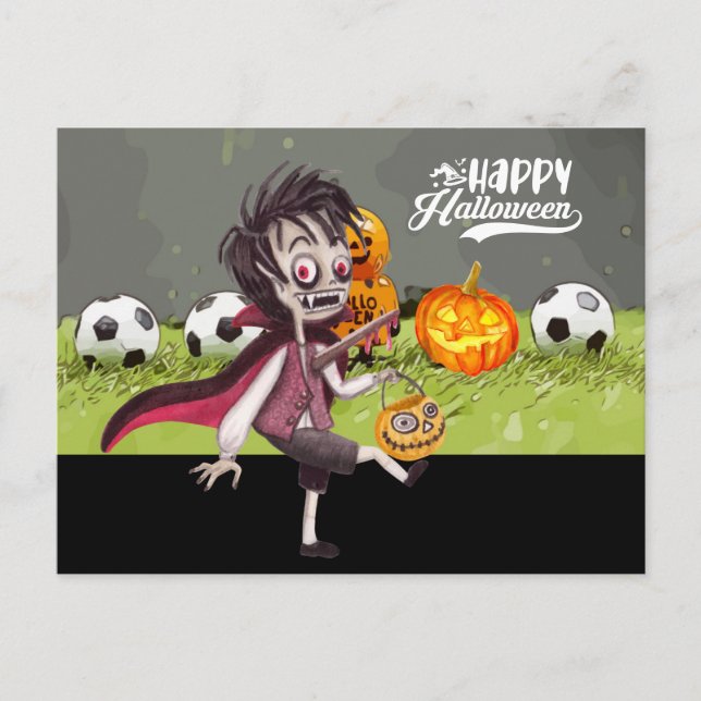 Postal Fútbol Feliz Halloween con bolas sobre hierba verd (Anverso)