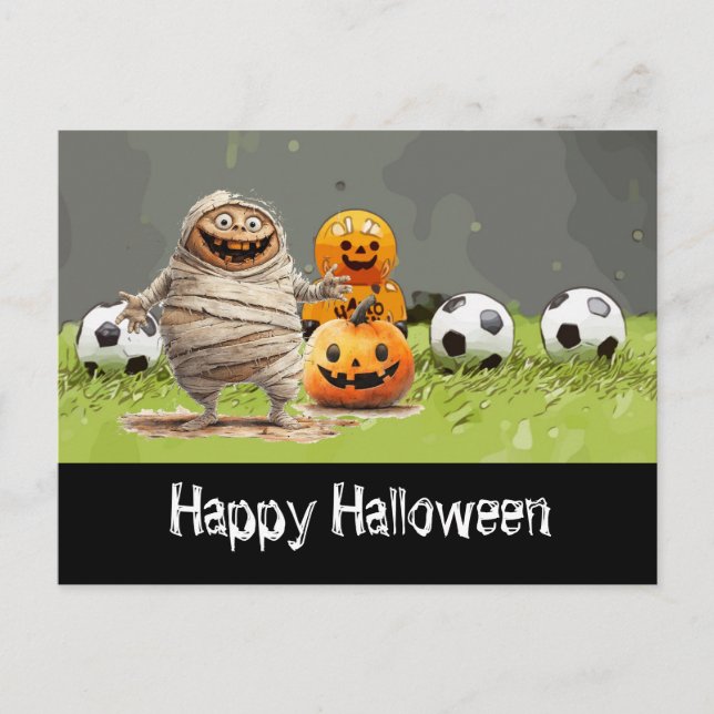 Postal Fútbol Feliz Halloween con bolas sobre hierba verd (Anverso)