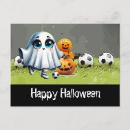 Postal Fútbol Feliz Halloween con bolas sobre hierba verd