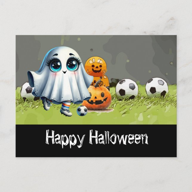Postal Fútbol Feliz Halloween con bolas sobre hierba verd (Anverso)