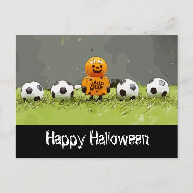 Postal Fútbol Feliz Halloween con bolas sobre hierba verd (Anverso)