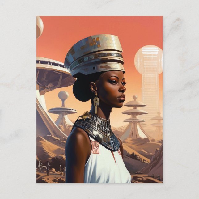 Postal Futurista ciencia ficción de reina afrofuturista (Anverso)