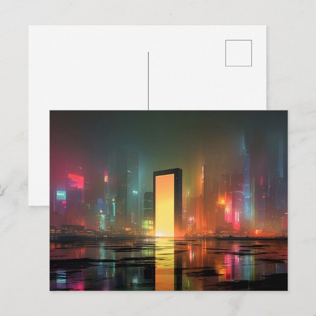 Postal Futuristic Cityscape with Neon Reflections (Anverso / Reverso)