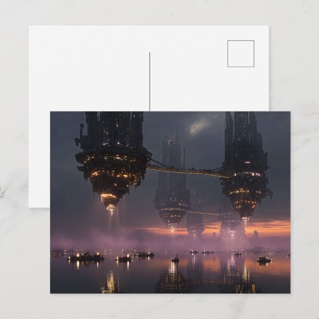 Postal Futuristic towers floating above harbor (Anverso / Reverso)