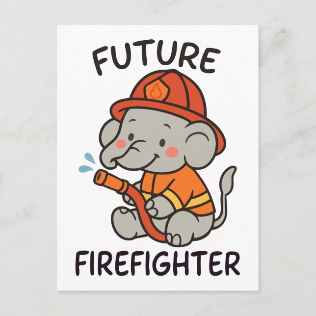 Postal Futuro elefante lindo niños bomberos divertidos (Anverso)