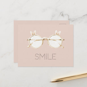 Postal Gafas sonrientes de orejas de conejo blancas rosad