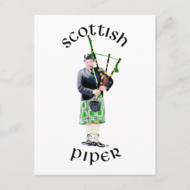 Postal Gaitero con bolsa en kilt verde (Anverso)
