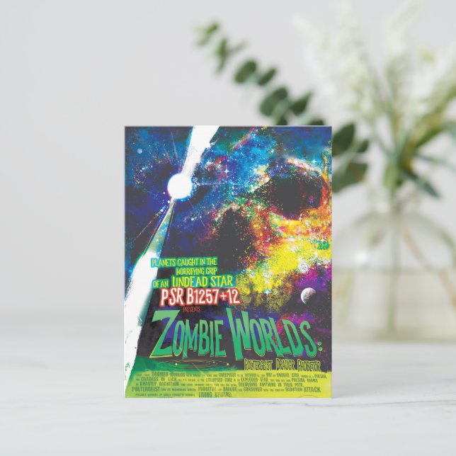 Postal Galaxia de Horrores de Halloween en el mundo zombi (Anverso de pie)