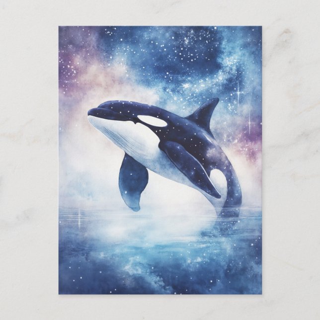 Postal Galaxia Nocturna de la Ballena Orca Estrellada (Anverso)