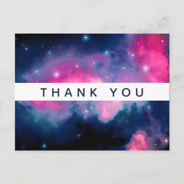 Postal Galaxia rosa y azul y estrellas Resumen Gracias (Anverso)