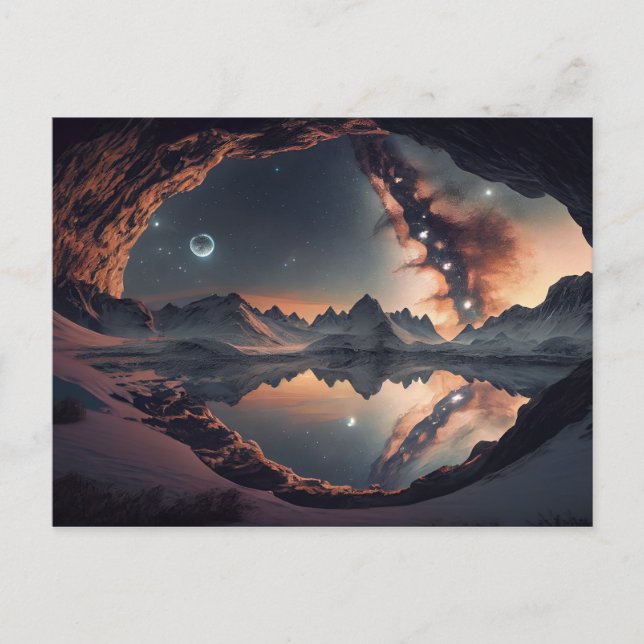 Postal Galaxia Starry con pico de montaña nevada (Anverso)
