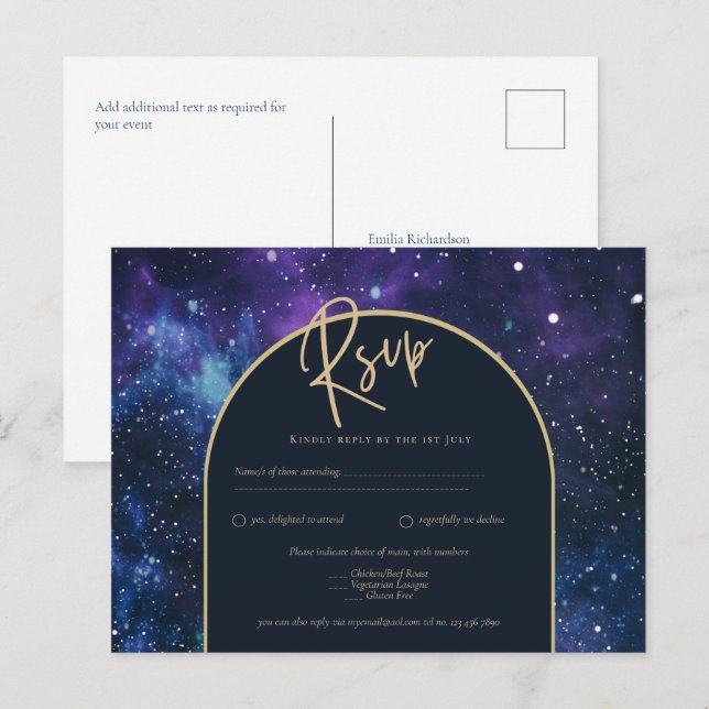 Postal Galaxy Starry Night Purple Blue Gold Wedding RSVP (Anverso / Reverso)