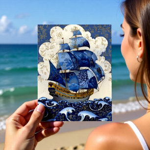 Postal Galeón Azul Delft Dorado