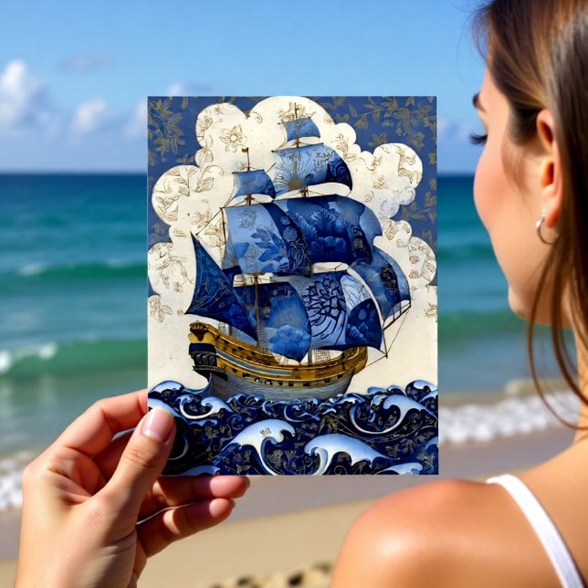 Postal Galeón Azul Delft Dorado (Subido por el creador)