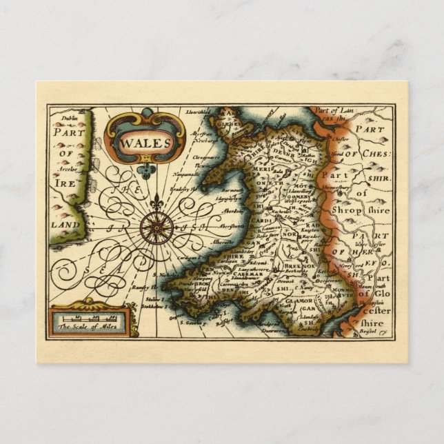 Postal Gales - Histórico mapa del Atlas británico antiguo (Anverso)