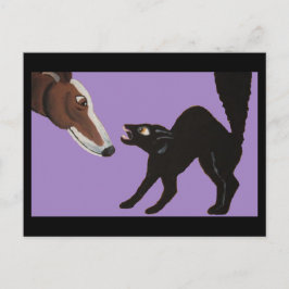 Postal Galgo de Halloween con gato negro enojado