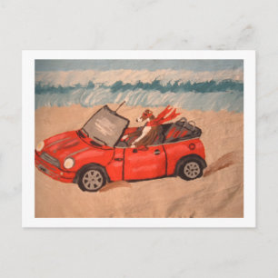 Postal Galgo en coche convertible rojo en la playa