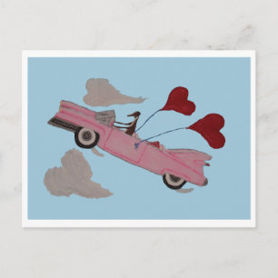 Postal Galgo en convertible rosa en el cielo