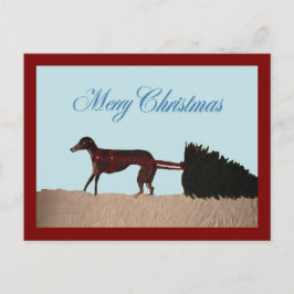 Postal Galgo tirando un árbol de Navidad a través de la n
