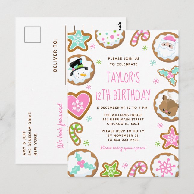 Postal Galletas de Navidad Fiesta de Cumpleaños Rosa y Ve (Anverso / Reverso)