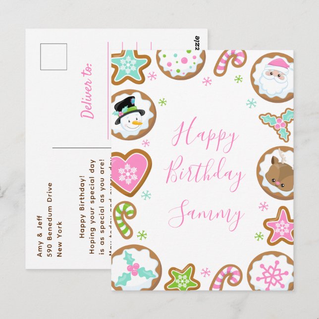 Postal Galletas de Navidad Rosa y Verde Feliz Cumpleaños (Anverso / Reverso)