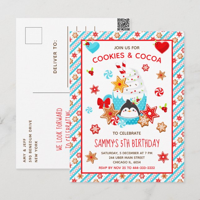 Postal Galletas de Navidad y Cumpleaños Azul de Cacao (Anverso / Reverso)