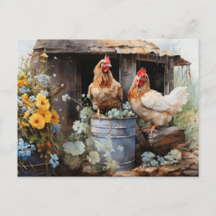 Postal Gallinas Cubo de Hojalata Coop de Gallinas Flores