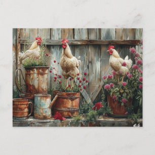 Postal Gallinas Regadera Rústica Cubo de Hojalata Flores