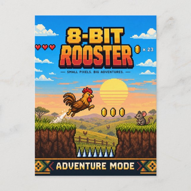 Postal Gallo, Arte de Pixel Retro de 8 Bits (Anverso)