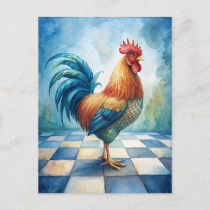 Postal Gallo Azul Blanco Cuadros Vintage 