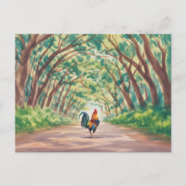 Postal Gallo de Kauai caminando hacia un túnel de árboles