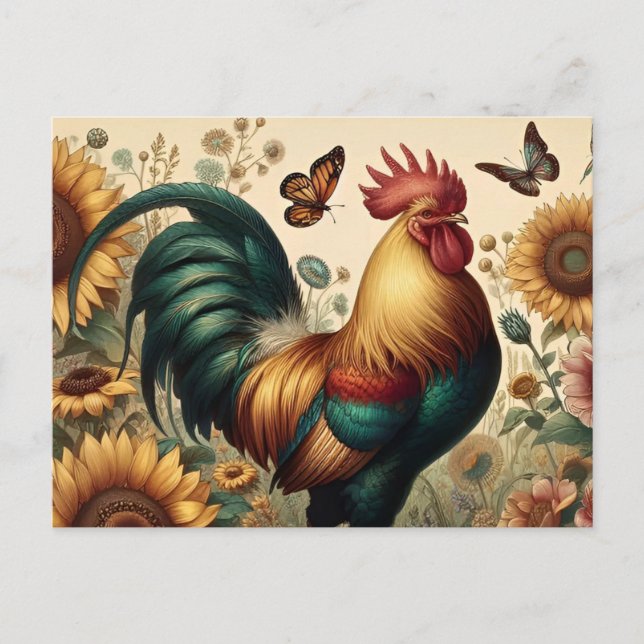 Postal Gallo de pollo cosechado estético y flor silvestre (Anverso)