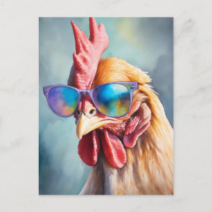 Postal Gallo Divertido y Genial con Gafas de Sol Acuarela