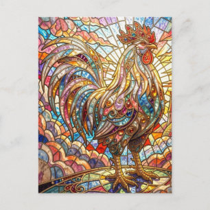 Postal Gallo Dorado de Luz Cantando mosaico
