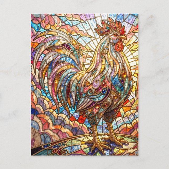 Postal Gallo Dorado de Luz Cantando mosaico  (Anverso)