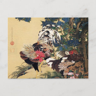 Postal Gallo, gallina y hortensia de Ito Jakuchu