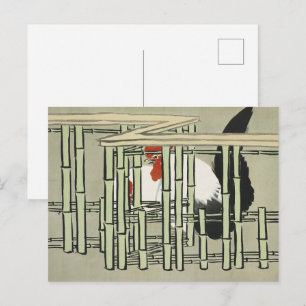 Postal Gallo Japonés Antiguo Detrás del Arte de la Verja 