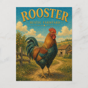 Postal Gallo Pollo Granja Rústica Acuarela GeoSaga